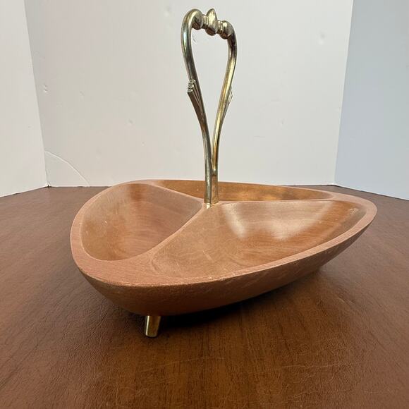 Vintage Kromex MCM Wood Nut Tray with Brass Handle Mid Century Modern - Picture 1 of 5